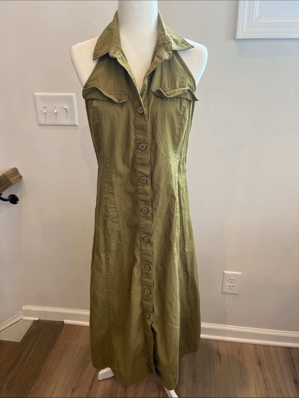 Halogen Sleeveless Button-Front Halter Shirt Dress in Olive Green Size Small